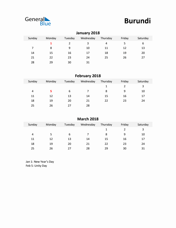 Printable Quarterly Calendar with Notes and Burundi Holidays- Q1 of 2018