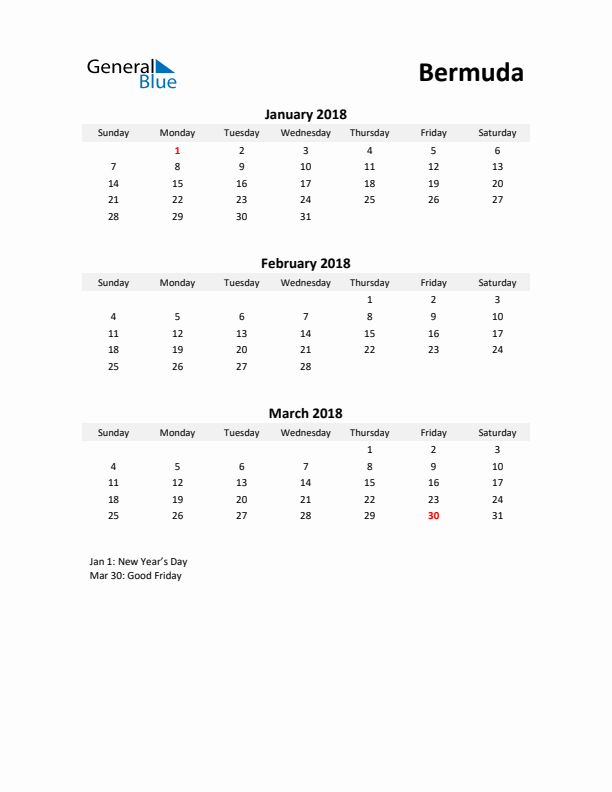 Printable Quarterly Calendar with Notes and Bermuda Holidays- Q1 of 2018