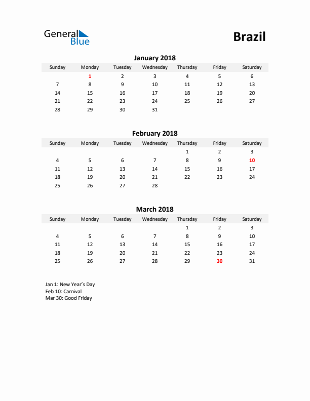 Printable Quarterly Calendar with Notes and Brazil Holidays- Q1 of 2018