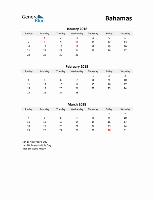 Printable Quarterly Calendar with Notes and Bahamas Holidays- Q1 of 2018