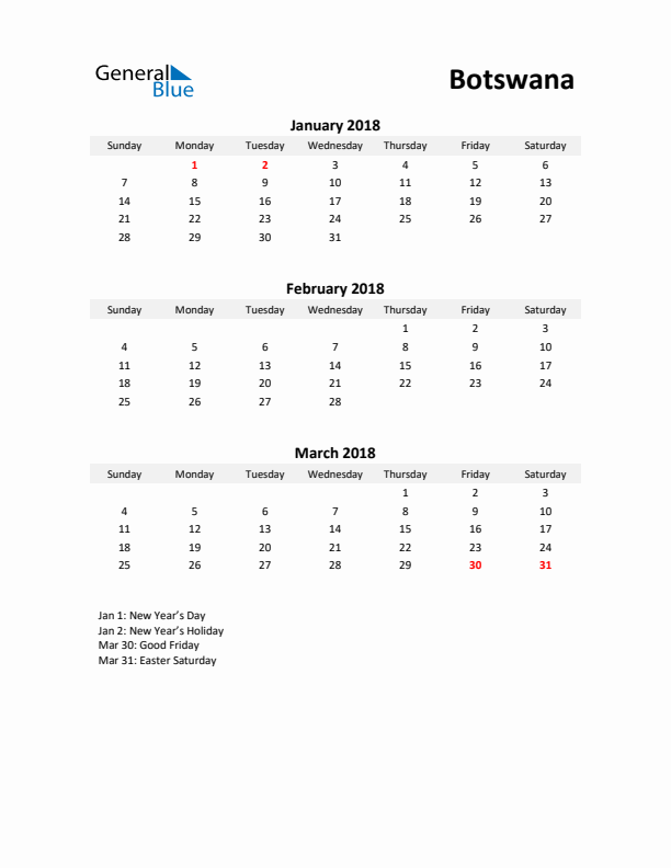 Printable Quarterly Calendar with Notes and Botswana Holidays- Q1 of 2018