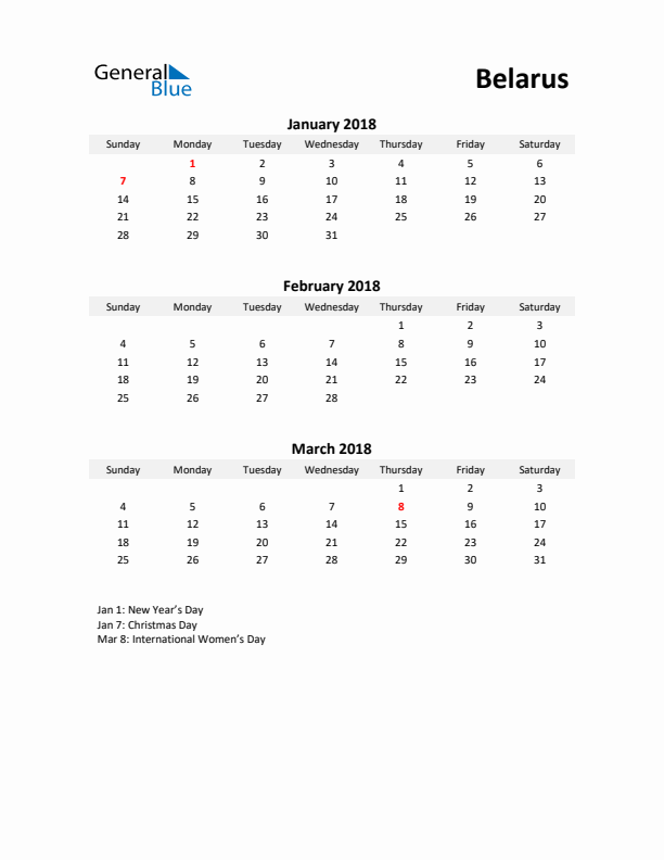 Printable Quarterly Calendar with Notes and Belarus Holidays- Q1 of 2018