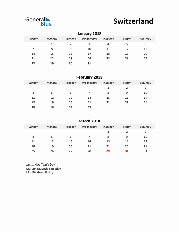 Printable Quarterly Calendar with Notes and Switzerland Holidays- Q1 of 2018