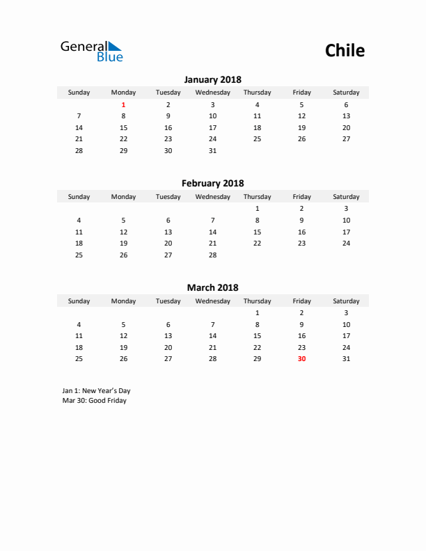 Printable Quarterly Calendar with Notes and Chile Holidays- Q1 of 2018