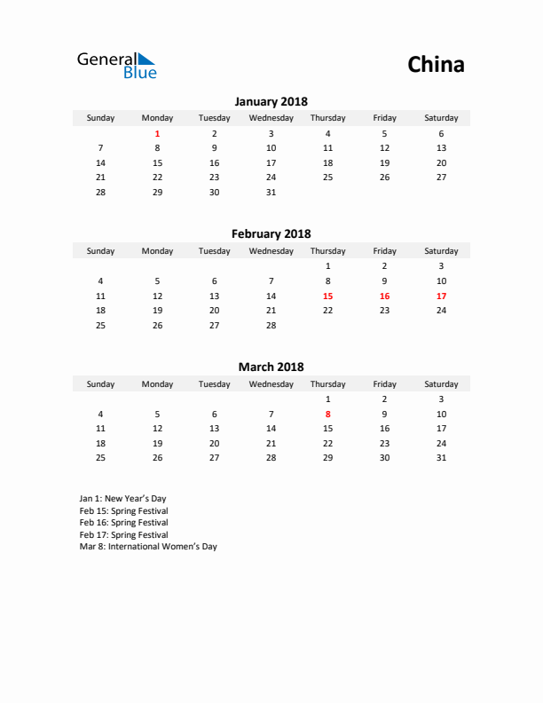 Printable Quarterly Calendar with Notes and China Holidays- Q1 of 2018