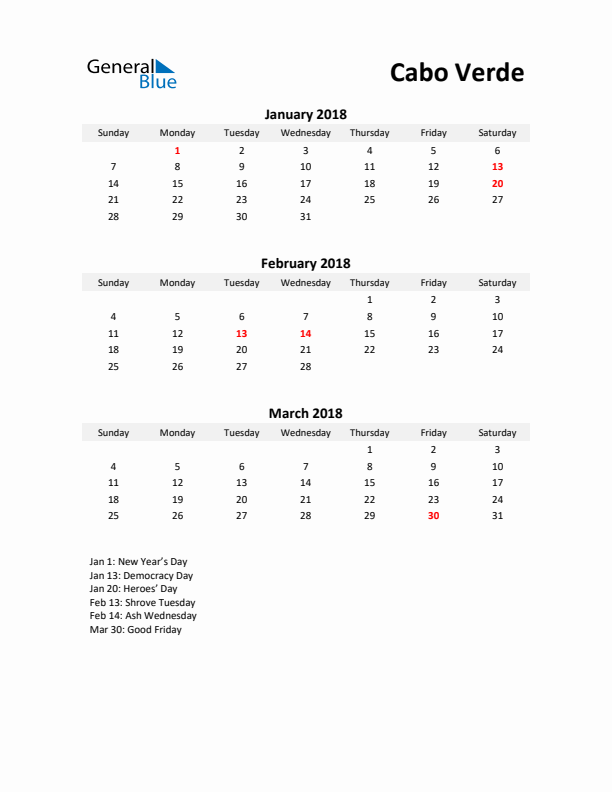 Printable Quarterly Calendar with Notes and Cabo Verde Holidays- Q1 of 2018