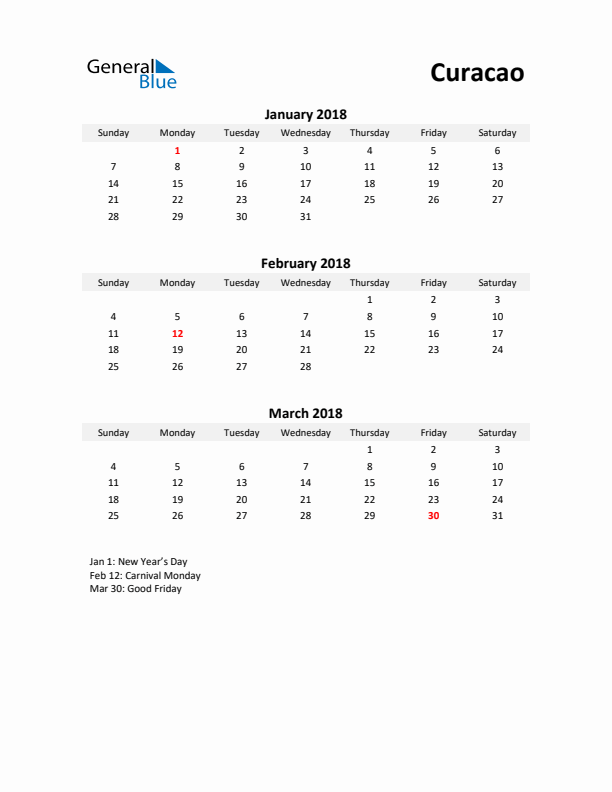 Printable Quarterly Calendar with Notes and Curacao Holidays- Q1 of 2018