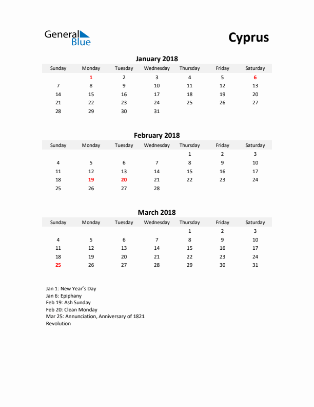 Printable Quarterly Calendar with Notes and Cyprus Holidays- Q1 of 2018