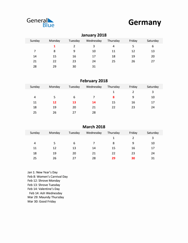 Printable Quarterly Calendar with Notes and Germany Holidays- Q1 of 2018