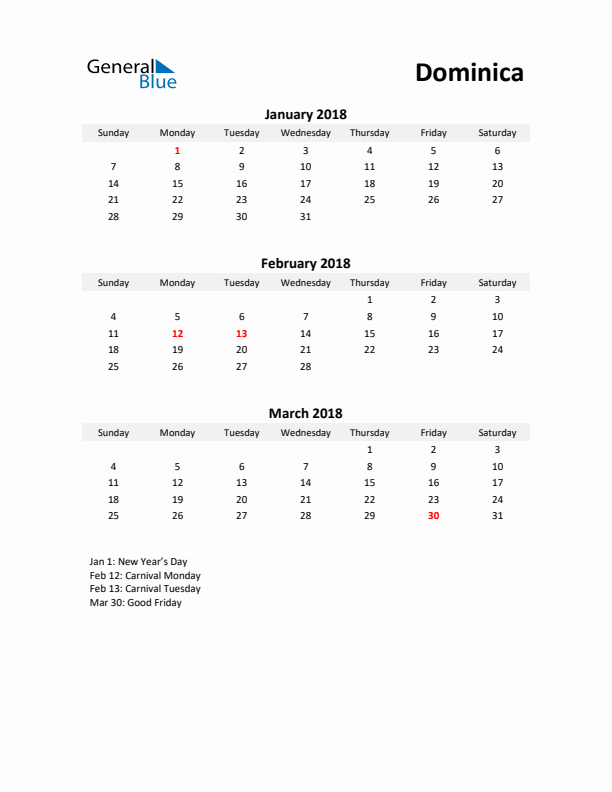 Printable Quarterly Calendar with Notes and Dominica Holidays- Q1 of 2018