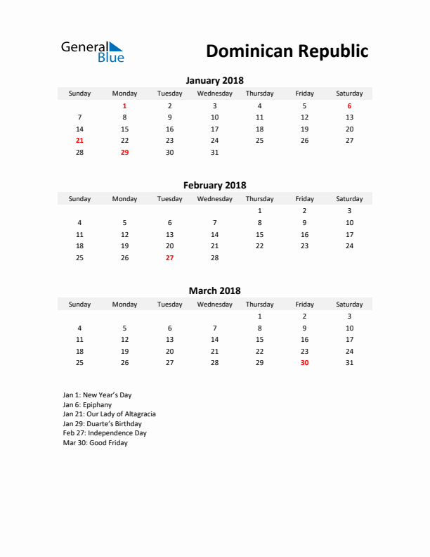 Printable Quarterly Calendar with Notes and Dominican Republic Holidays- Q1 of 2018