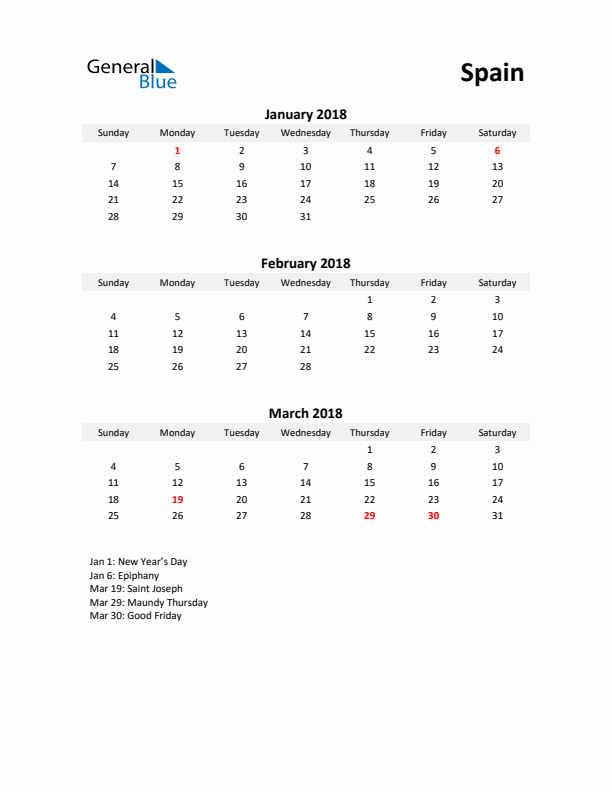 Printable Quarterly Calendar with Notes and Spain Holidays- Q1 of 2018