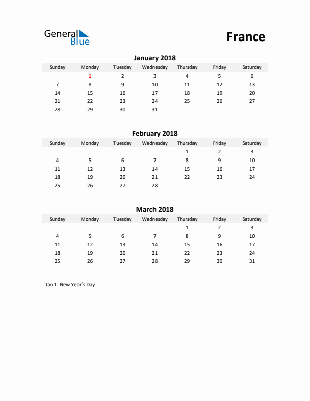 Printable Quarterly Calendar with Notes and France Holidays- Q1 of 2018