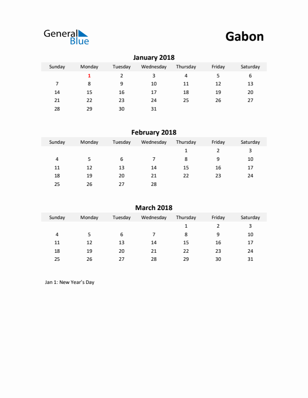 Printable Quarterly Calendar with Notes and Gabon Holidays- Q1 of 2018