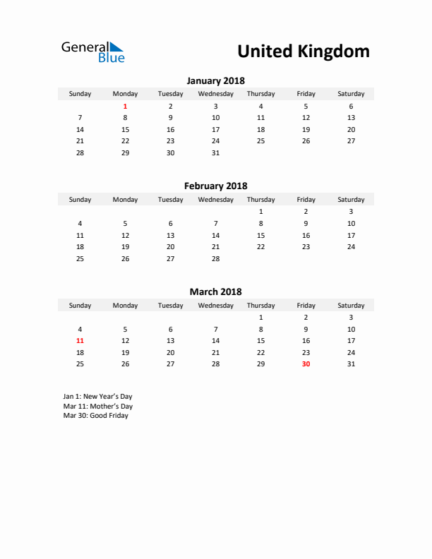 Printable Quarterly Calendar with Notes and United Kingdom Holidays- Q1 of 2018