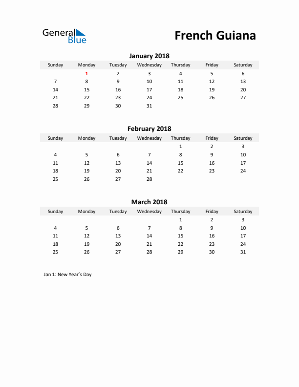 Printable Quarterly Calendar with Notes and French Guiana Holidays- Q1 of 2018