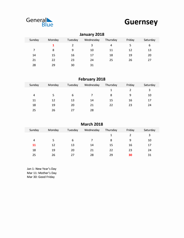 Printable Quarterly Calendar with Notes and Guernsey Holidays- Q1 of 2018