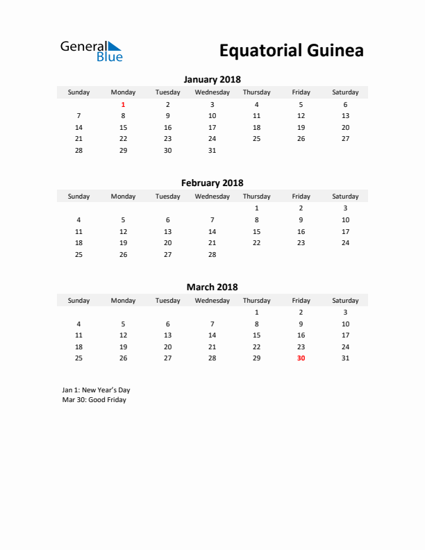 Printable Quarterly Calendar with Notes and Equatorial Guinea Holidays- Q1 of 2018