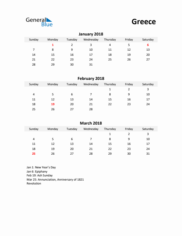 Printable Quarterly Calendar with Notes and Greece Holidays- Q1 of 2018