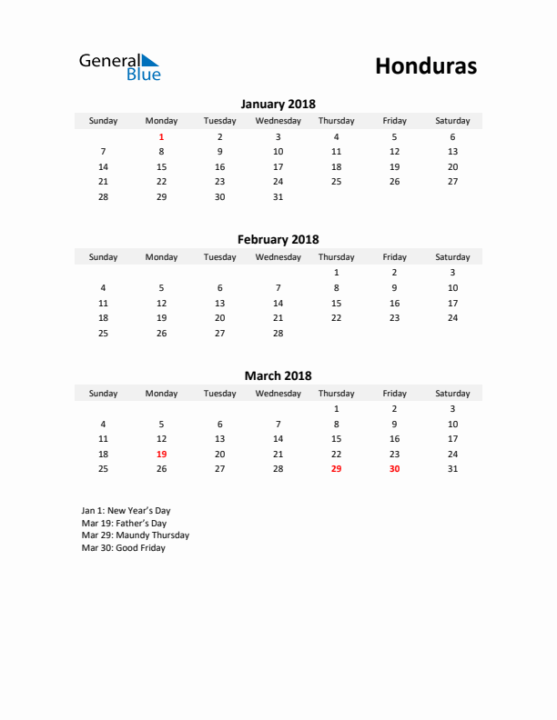 Printable Quarterly Calendar with Notes and Honduras Holidays- Q1 of 2018