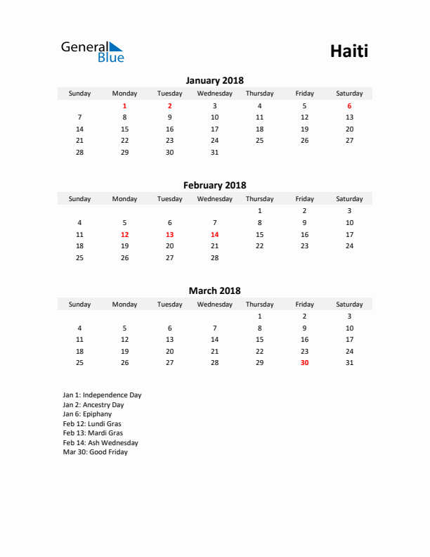 Printable Quarterly Calendar with Notes and Haiti Holidays- Q1 of 2018