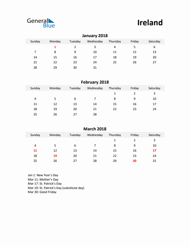 Printable Quarterly Calendar with Notes and Ireland Holidays- Q1 of 2018