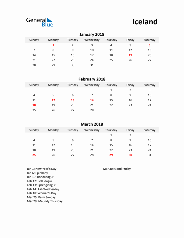 Printable Quarterly Calendar with Notes and Iceland Holidays- Q1 of 2018