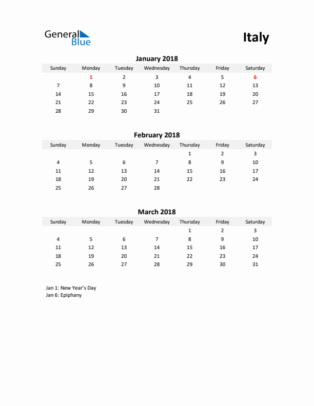 Printable Quarterly Calendar with Notes and Italy Holidays- Q1 of 2018