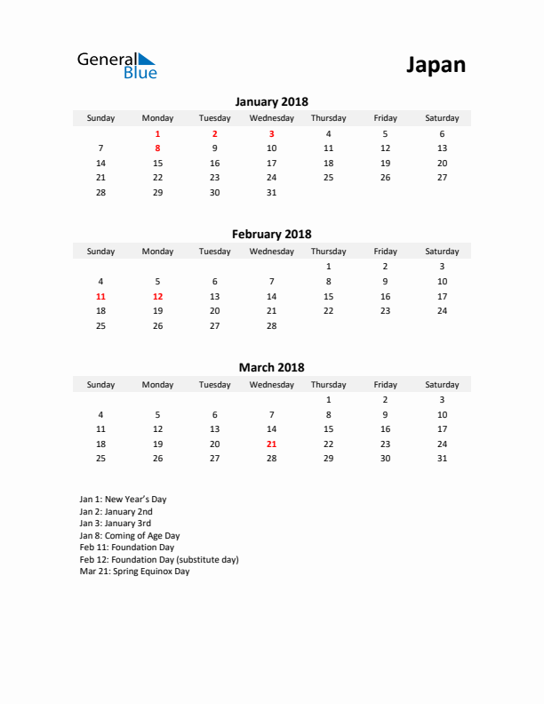 Printable Quarterly Calendar with Notes and Japan Holidays- Q1 of 2018