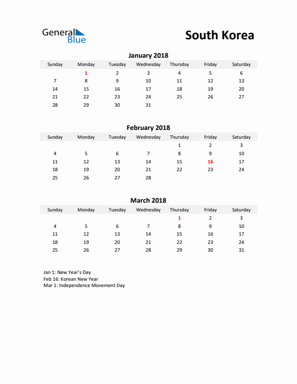 Printable Quarterly Calendar with Notes and South Korea Holidays- Q1 of 2018