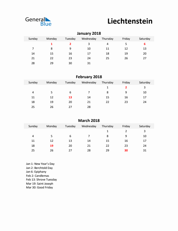 Printable Quarterly Calendar with Notes and Liechtenstein Holidays- Q1 of 2018