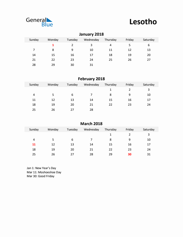 Printable Quarterly Calendar with Notes and Lesotho Holidays- Q1 of 2018