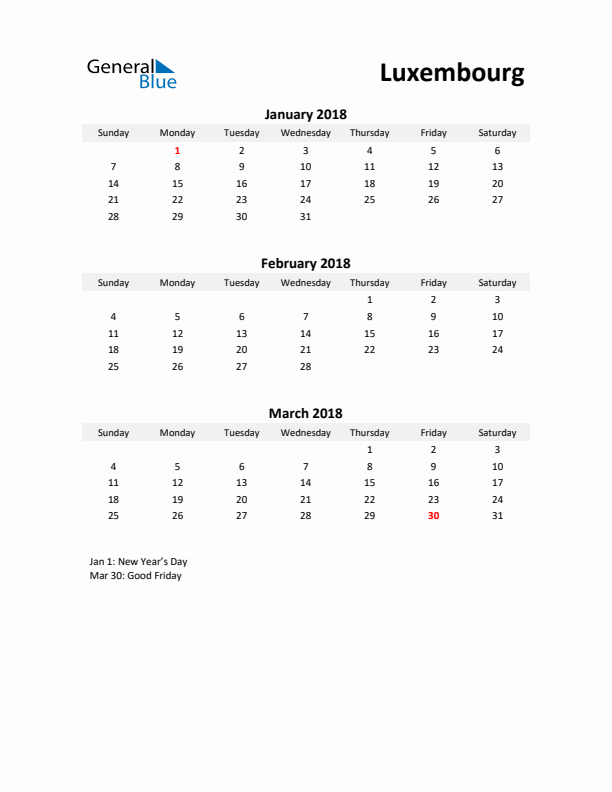 Printable Quarterly Calendar with Notes and Luxembourg Holidays- Q1 of 2018