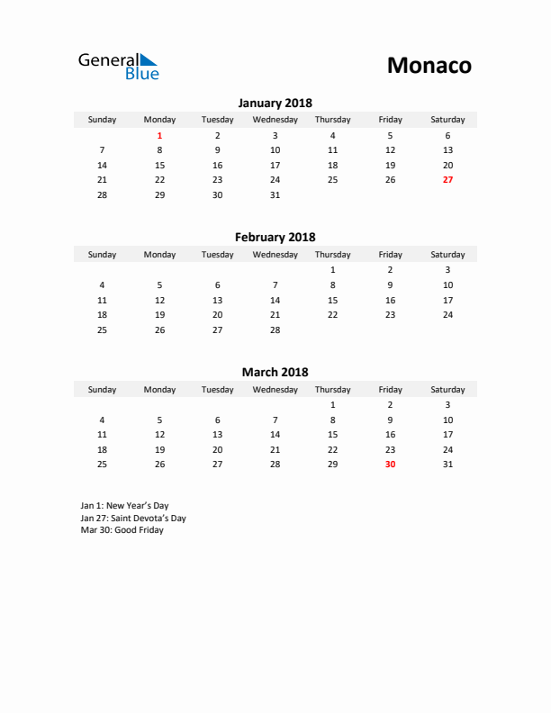 Printable Quarterly Calendar with Notes and Monaco Holidays- Q1 of 2018