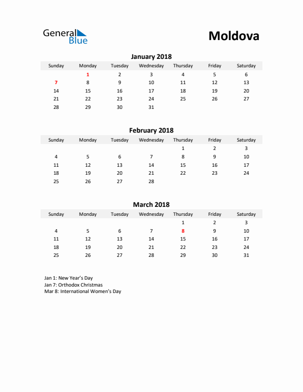 Printable Quarterly Calendar with Notes and Moldova Holidays- Q1 of 2018