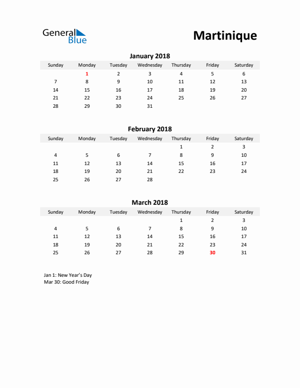 Printable Quarterly Calendar with Notes and Martinique Holidays- Q1 of 2018