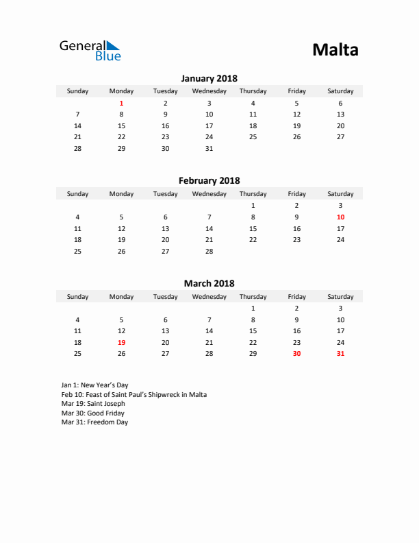 Printable Quarterly Calendar with Notes and Malta Holidays- Q1 of 2018