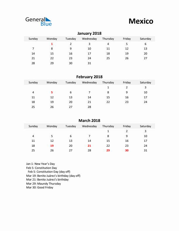 Printable Quarterly Calendar with Notes and Mexico Holidays- Q1 of 2018