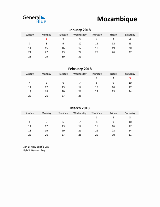 Printable Quarterly Calendar with Notes and Mozambique Holidays- Q1 of 2018