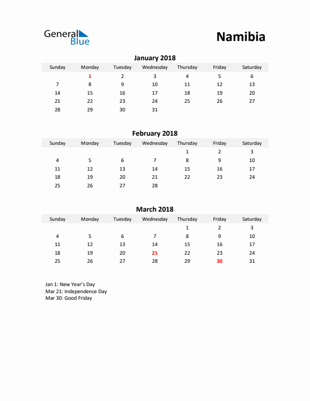 Printable Quarterly Calendar with Notes and Namibia Holidays- Q1 of 2018