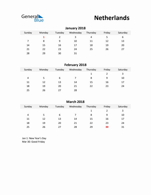 Printable Quarterly Calendar with Notes and The Netherlands Holidays- Q1 of 2018