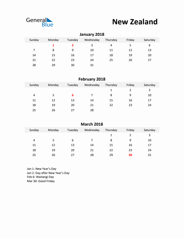 Printable Quarterly Calendar with Notes and New Zealand Holidays- Q1 of 2018