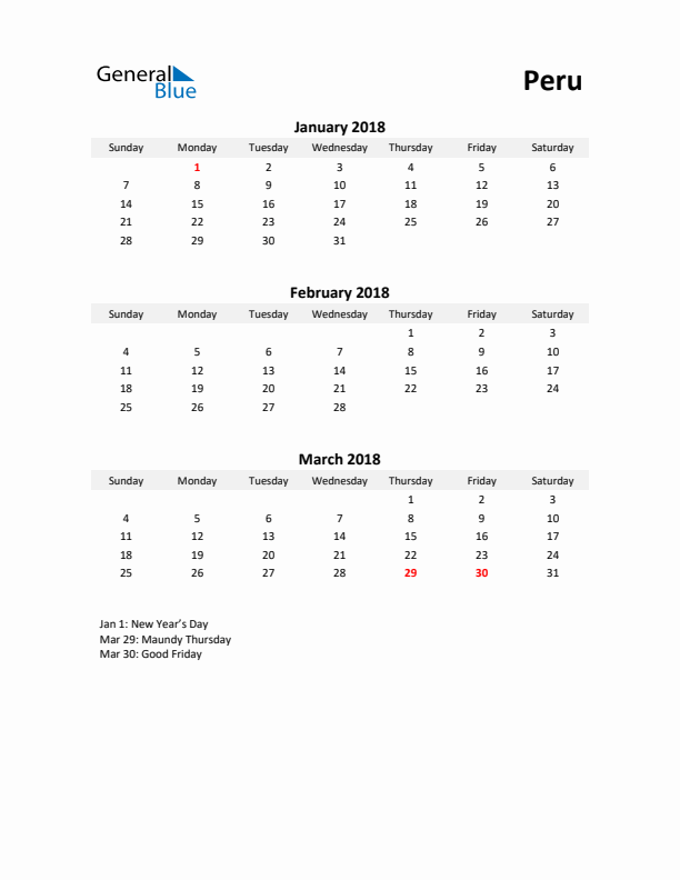 Printable Quarterly Calendar with Notes and Peru Holidays- Q1 of 2018