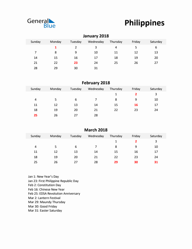 Printable Quarterly Calendar with Notes and Philippines Holidays- Q1 of 2018