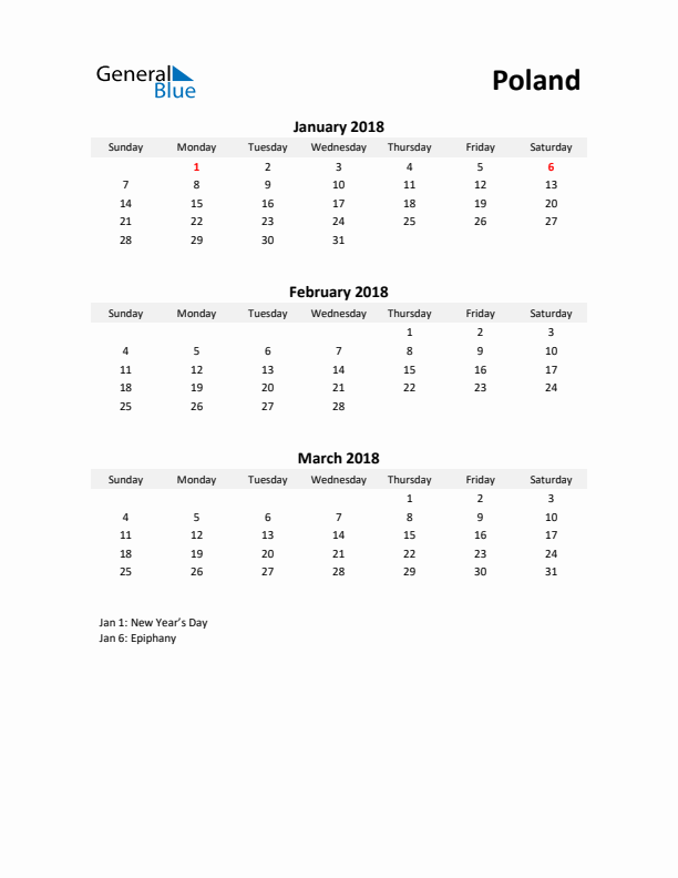 Printable Quarterly Calendar with Notes and Poland Holidays- Q1 of 2018