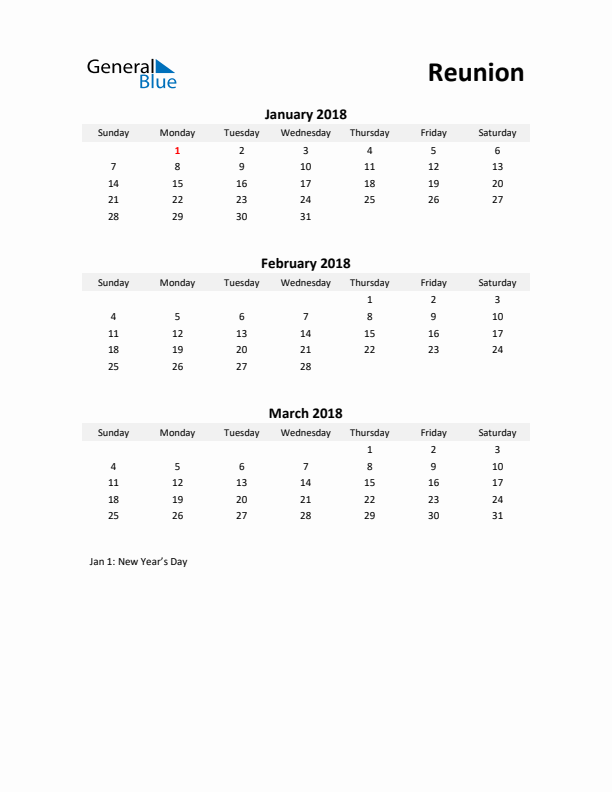 Printable Quarterly Calendar with Notes and Reunion Holidays- Q1 of 2018