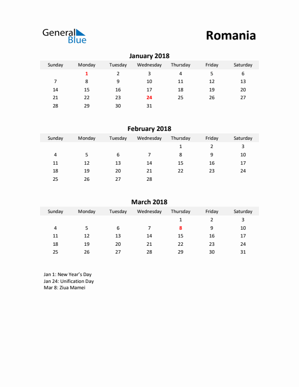 Printable Quarterly Calendar with Notes and Romania Holidays- Q1 of 2018