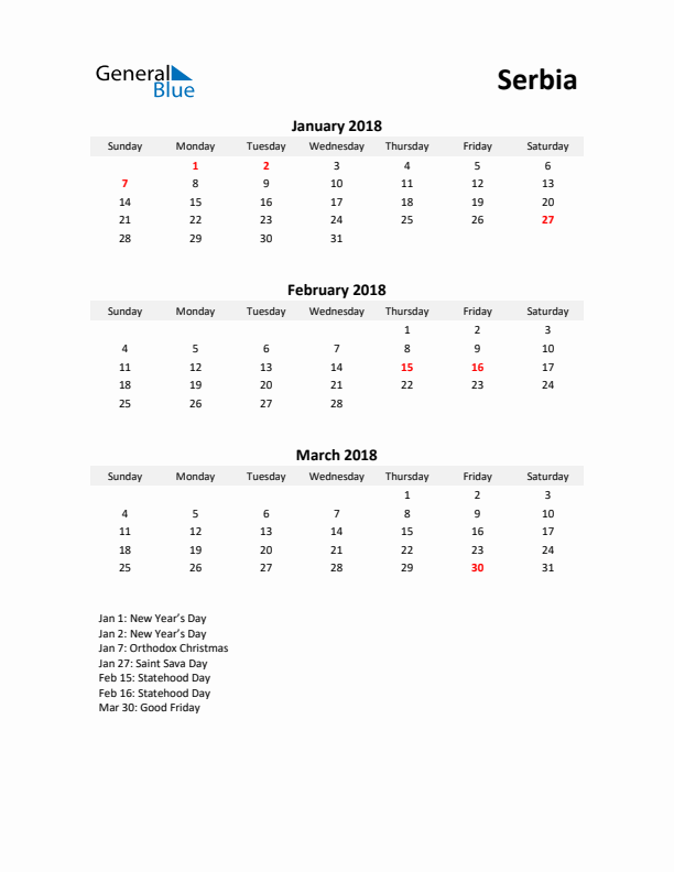 Printable Quarterly Calendar with Notes and Serbia Holidays- Q1 of 2018