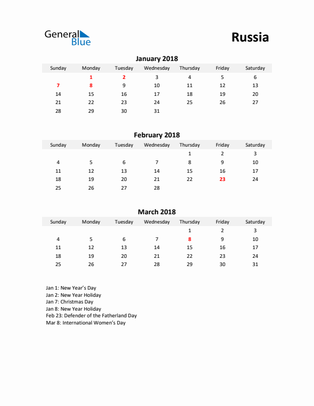 Printable Quarterly Calendar with Notes and Russia Holidays- Q1 of 2018