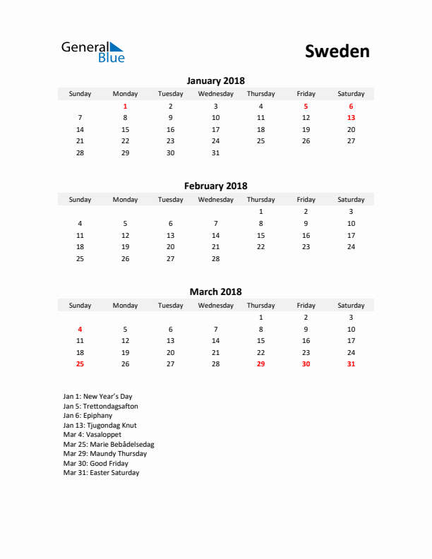 Printable Quarterly Calendar with Notes and Sweden Holidays- Q1 of 2018